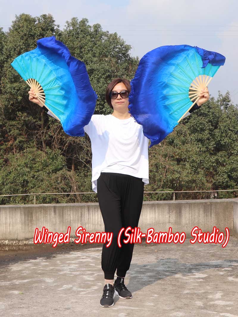 1 Pair turquoise-blue short Chinese silk dance fan, 30cm (12") flutter