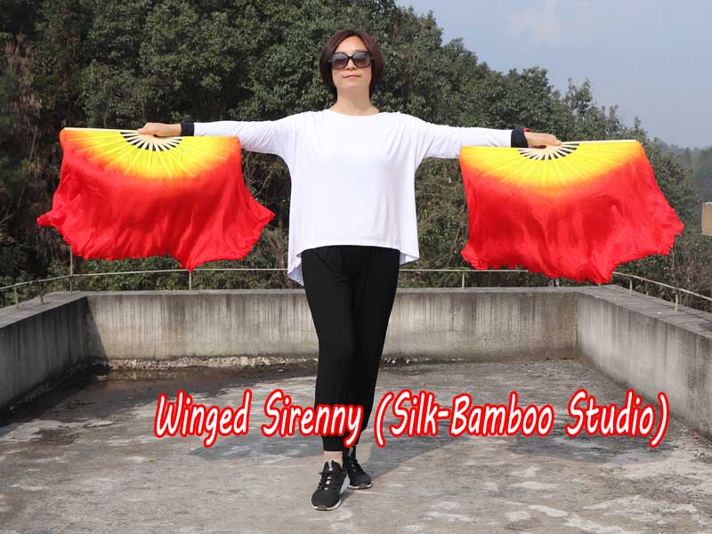 1 Pair yellow-red short Chinese silk dance fan, 30cm (12") flutter