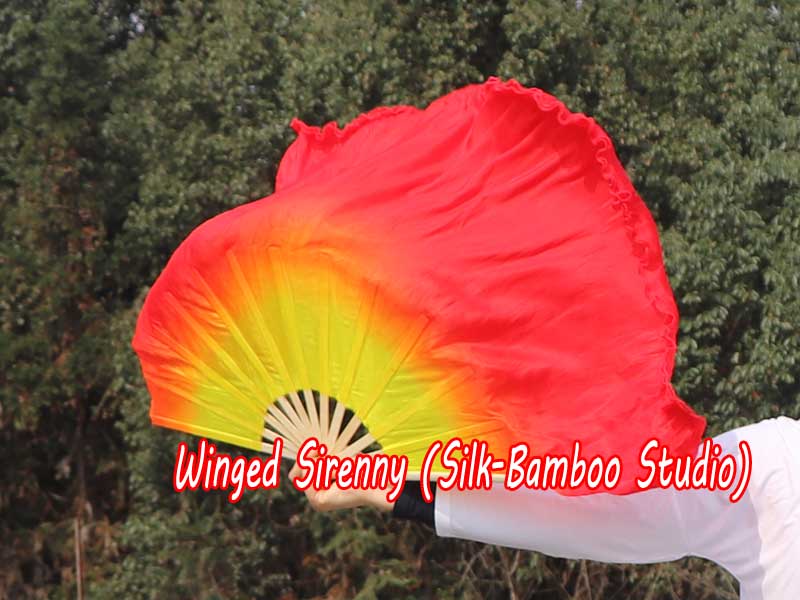 1 Pair yellow-red short Chinese silk dance fan, 30cm (12") flutter