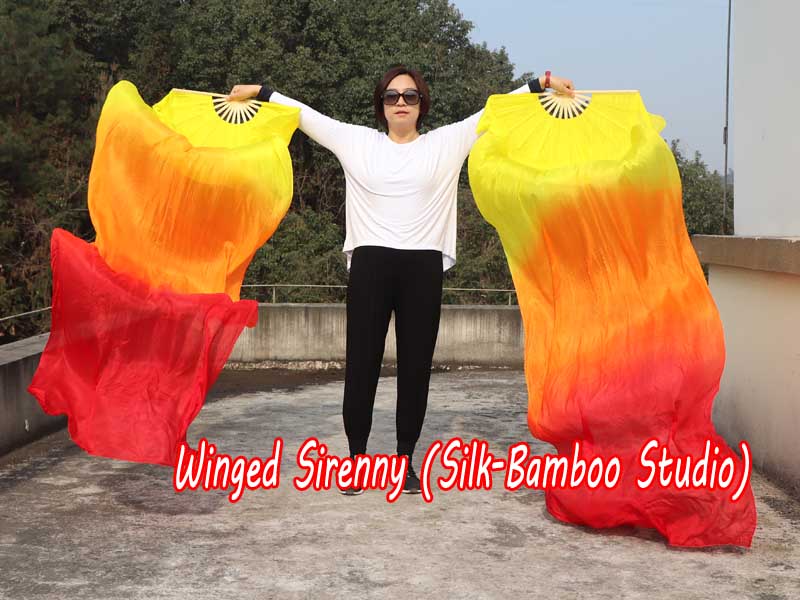 1 pair 2.4m (94") yellow-orange-red belly dance silk fan veils
