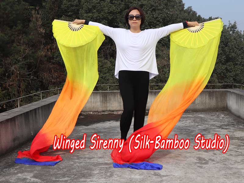 1 pair 2.4m (94") yellow-orange-red-blue belly dance silk fan veils
