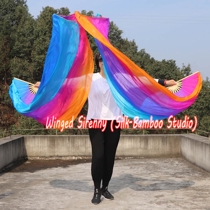 1 pair Iridescence long stripes 3G belly dance silk fan veil