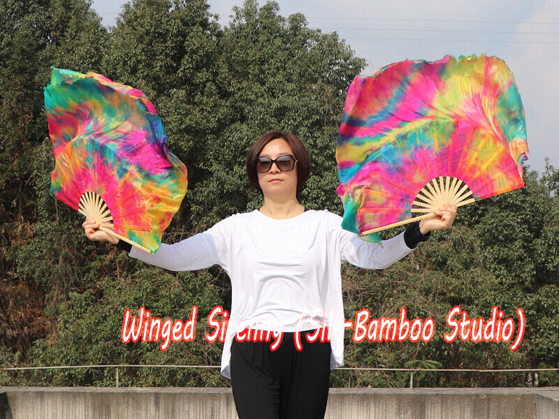 1 Pair tie-dye Spring short Chinese silk dance fan, 30cm(12") flutter